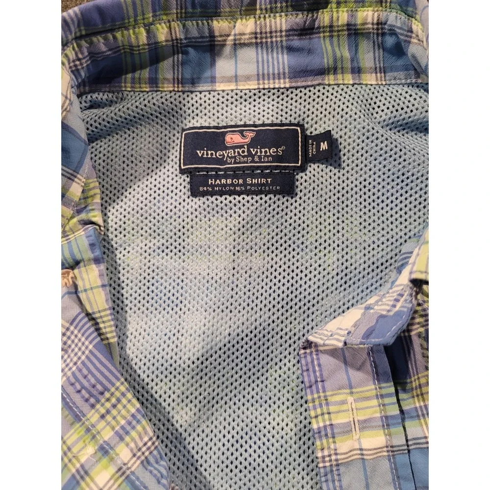 Vineyard Vines Harbor Shirt Mens M Performance Fishing Plaid Blue Green Vented